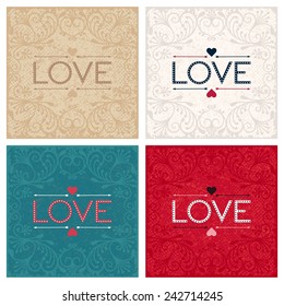 Four vintage postcard with design lettering word LOVE on textured background