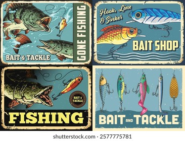 Four vintage-inspired signs highlight fishing themes showcasing bait shops fishing activities and colorful fish designs. The illustrations convey a nostalgic fishing culture and passion.