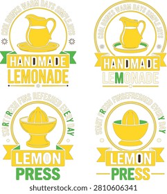 Four vintagestyle labels with illustrations of a pitcher and juicer surrounded by text on white background