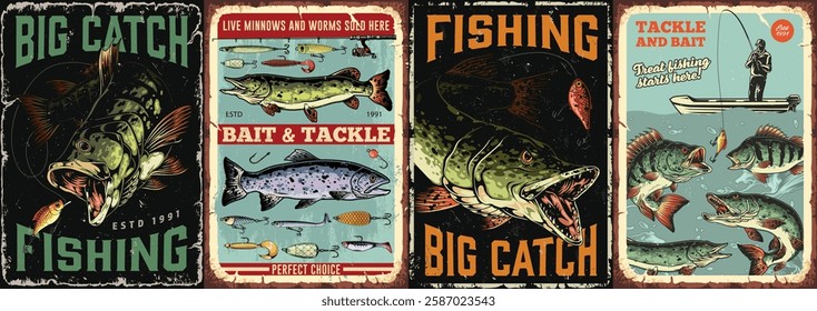 Four vintage-style signs highlight fishing themes with illustrations of fish tackle and bait. They evoke a sense of nostalgia and adventure for anglers and nature lovers alike.