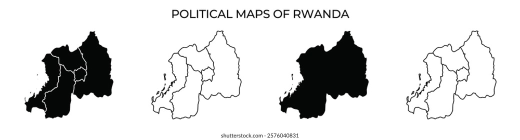 Four visual representations illustrate the political boundaries of Rwanda. Each map highlights varying regions, showing the countrys geographical layout and administrative divisions.