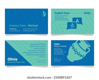 Four visually appealing business cards highlight various tutoring services with personalized themes and essential teaching information