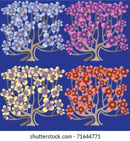 four vivid flower trees