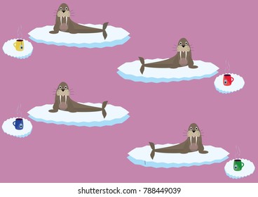 Four walruses on ice floats with cups of tea