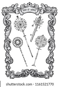 Four of wands. Minor Arcana tarot card. The Magic Gate deck. Fantasy engraved vector illustration with occult mysterious symbols and esoteric concept