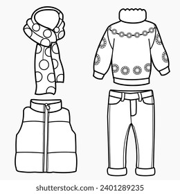 Four warm winter clothes illustrations in black and white