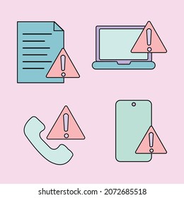 Cuatro iconos de signo de advertencia aislados en fondo rosa