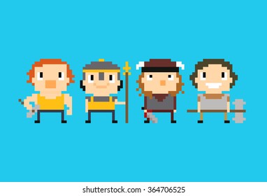 Four warriors, pixel art characters with different weapons