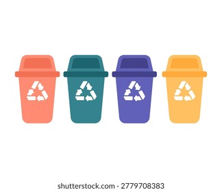 Four waste bin icons for recycling: general waste, paper, plastic, and organic. Clear symbols promoting eco-friendly behavior and proper trash separation.

