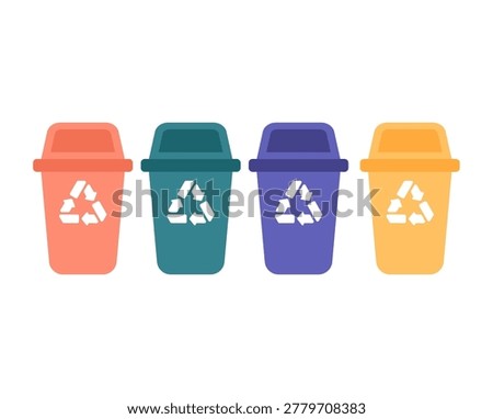 Four waste bin icons for recycling: general waste, paper, plastic, and organic. Clear symbols promoting eco-friendly behavior and proper trash separation.


