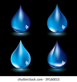 four water droplets with black background and light reflection