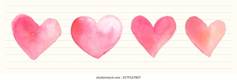 Four watercolor hearts in shades of pink and red, aligned on a lined background. The hearts are evenly spaced, creating a harmonious and artistic pattern. Valentine illustrations, isolated vector set.