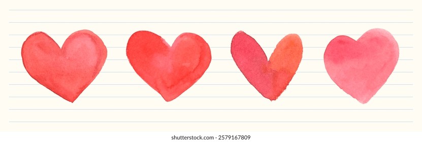 Four watercolor hearts in shades of red and pink on lined paper. Artistic hearts, watercolor style, vibrant red and pink hues, lined background. Valentine illustrations, isolated element vector set.