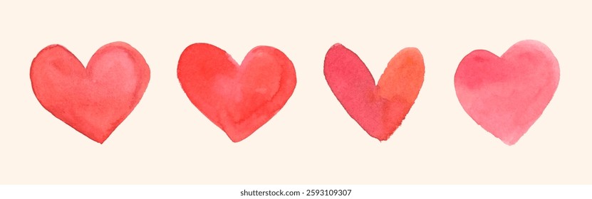 Four watercolor hearts in shades of red and pink, aligned in a row. Each heart has a unique shape and texture, creating a charming, artistic pattern. Valentine illustrations, isolated vector set.