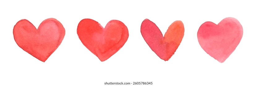 Four watercolor hearts in shades of red and pink, aligned in a row. Each heart has a unique shape and texture, creating a charming and artistic pattern. Valentine illustrations, isolated vector set.