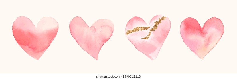 Four watercolor hearts in soft pink hues, with one featuring a gold crack. Artistic hearts, pink hearts, and gold detail create a delicate, romantic design. Valentine illustrations, isolated vectors.