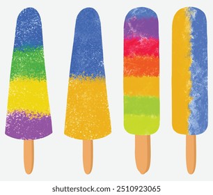 Four watercolor popsicles ice cream. Set of cold summer fruit popsicle stick, various colorful ice creams icon in flat style. Row of icicles collection vibrant color. Tasty ice lolly rainbow colored