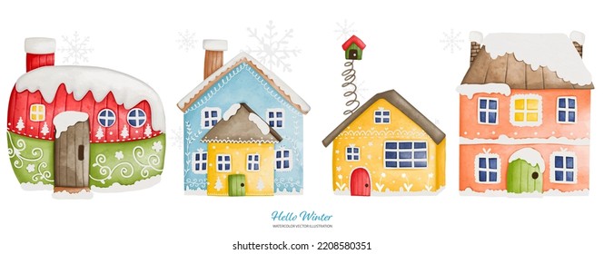 Casa de invierno de cuatro acuarelas con gorra de nieve, ilustración de Watercolor Vector
