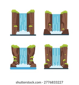 Four waterfall scenes with rocky cliffs, green plants, flowing water and foam for nature, travel, outdoor and environmental projects.