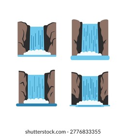 Four waterfall scenes show blue water flowing between brown rocky cliffs with white foam at the base on a plain background.