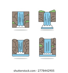 Four waterfall scenes show blue water flowing between brown rocky cliffs with small green bushes and white foam at the base on a light background.