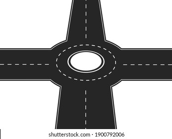 Cruce de cuatro vías con plataforma redonda en el centro. Carretera negra con intersección y rotuladores de tráfico con dirección de vida vectorial derecha.