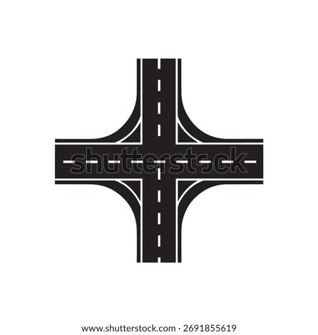 Four Way Crossroads and Interchange Glyph Icon - Road Intersection and Traffic Junction Vector