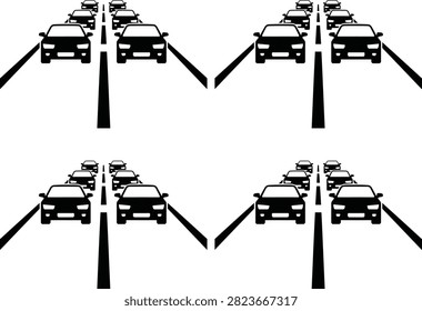 Four way traffic intersection with many cars waiting at lights