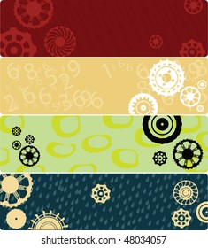 Four web banners or backgrounds with stylized gears. Highly detailed in various colors.