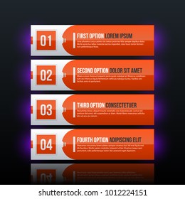 Four web banners with glowing lights in corporate glossy style on black background