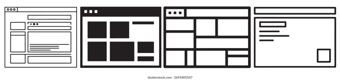 Four website layouts isolated on white background