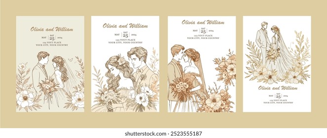 Quatro cartas de casamento com um casal e flores. As cartas são todas diferentes, mas têm um tema semelhante