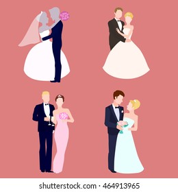 Four wedding couples in flat style, design for wedding cards, invitations, vector illustration