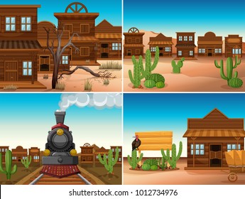 Four western scenes with buildings and train illustration