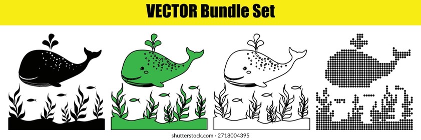 Four whale illustrations in different styles isolated on transparent background