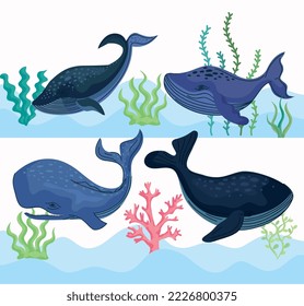 four whales undersea nature scene