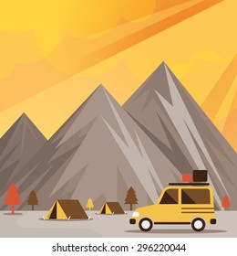 Four Wheel Drive Off Road Car and Camp with Mountain Background, Adventure exploration Travel Concept