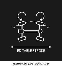 Four wheel steering system white linear icon for dark theme. Innovative feature for car. Thin line customizable illustration. Isolated vector contour symbol for night mode. Editable stroke