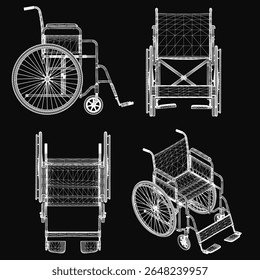 Four wheelchairs arranged in a 3D model showcase detailed features like frames, wheels, and seating on a sleek black background. The clean presentation highlights accessibility design with precision.