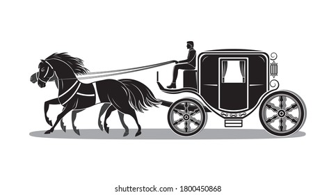 Four wheeled carriage or Coach with horse drawing in cartoon vector