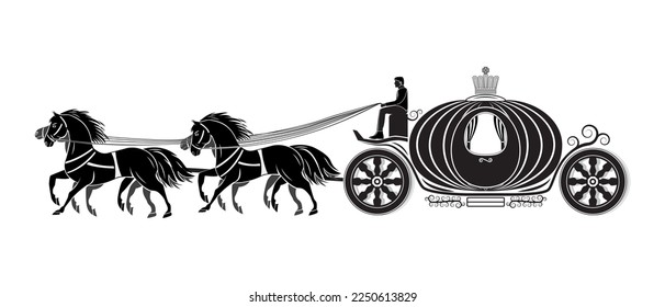 Four wheeled Pumpkin carriage - Coach with four horses drawing in black and white vector
