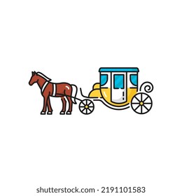 Four wheeled vintage coach, horse carriage isolated color line icon. Vector carriage pulled by horse, retro 19th century London taxicab, vintage coach powered by mane, entertainment and old transport