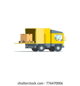 Four wheels Lorry with pallet and a package on the loading platform. Flat vector design illustration.