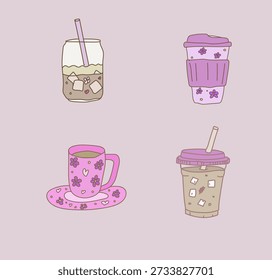 Quatro ilustrações caprichosas desenhadas à mão Ice Coffee Latte Cappuccino