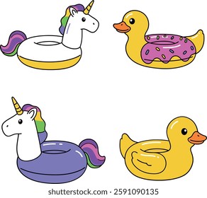 Four whimsical inflatable pool toys, including a unicorn and a donut-shaped duck, create a cheerful summer vibe.