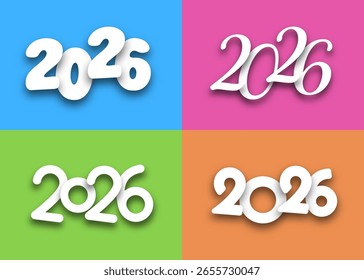 Vier weiße 2026-Textentwürfe mit Schatten, jedes auf einem lebendigen Farbhintergrund in einem Rasterlayout.