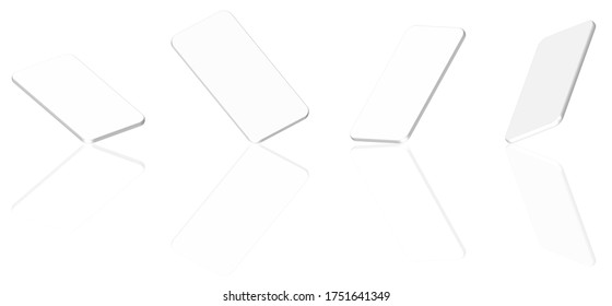 Four white 3d smartphone projection mockups. White background, mirror shadow.