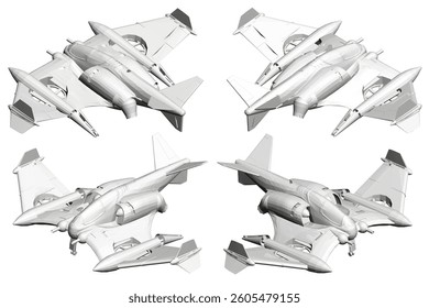 Four white airplanes are shown in a row, each with a same design. The planes are all similar in size and shape, but each has a unique pattern on the side. Scene is one of precision. Isometric view. 3D