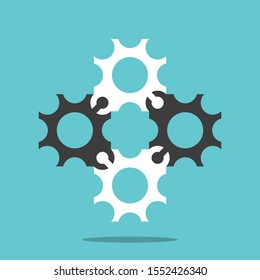 Four white and black cog wheels assembled with jigsaw puzzle lock. Teamwork, cooperation, problem, connection, partnership concept. Flat design. Vector illustration, no transparency, no gradients