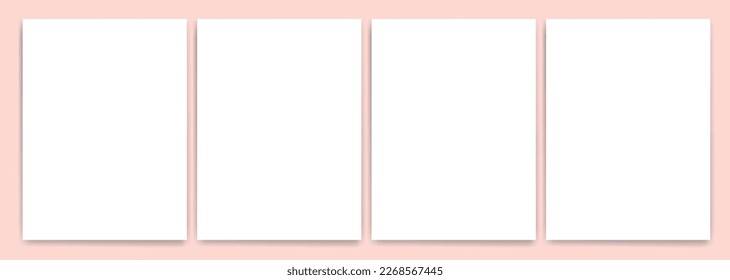 Four white blank papers with shadows on the pink background. Templates for presentation of design like flyer, cover, poster. mock up design template.